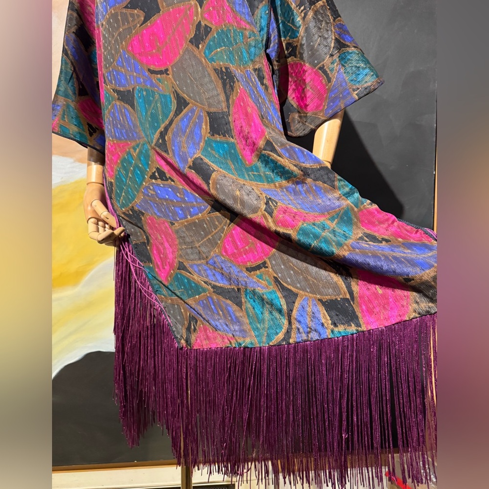 Mary McFadden Multicolor Fringe Dress with high slits Coverup kimono